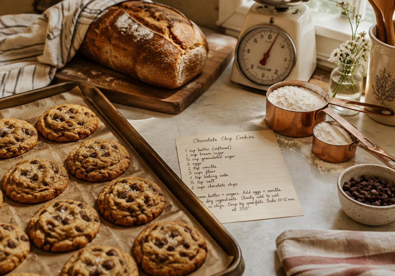 Fresh cookies, bread and a recipe card on a kitchen counter